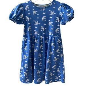 Mini Boden Puff Sleeve Jersey Dress Cabana Blue Birds Girls Sz 7-8Y